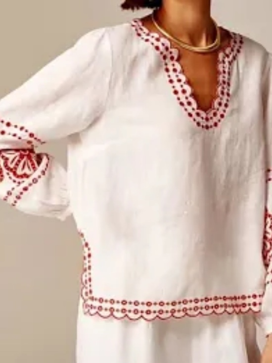 J. Crew Tops - J. Crew Bungalow Red Embroidered White Linen Tunic. Women's Size Large
